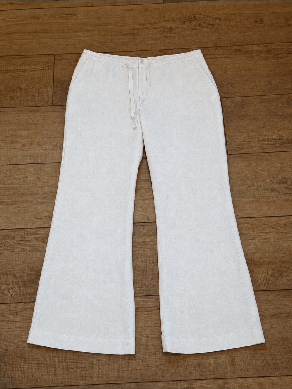 Lined 100% Linen Wide Leg Pants White Drawstring Coastal Summer Effortless Sz 12